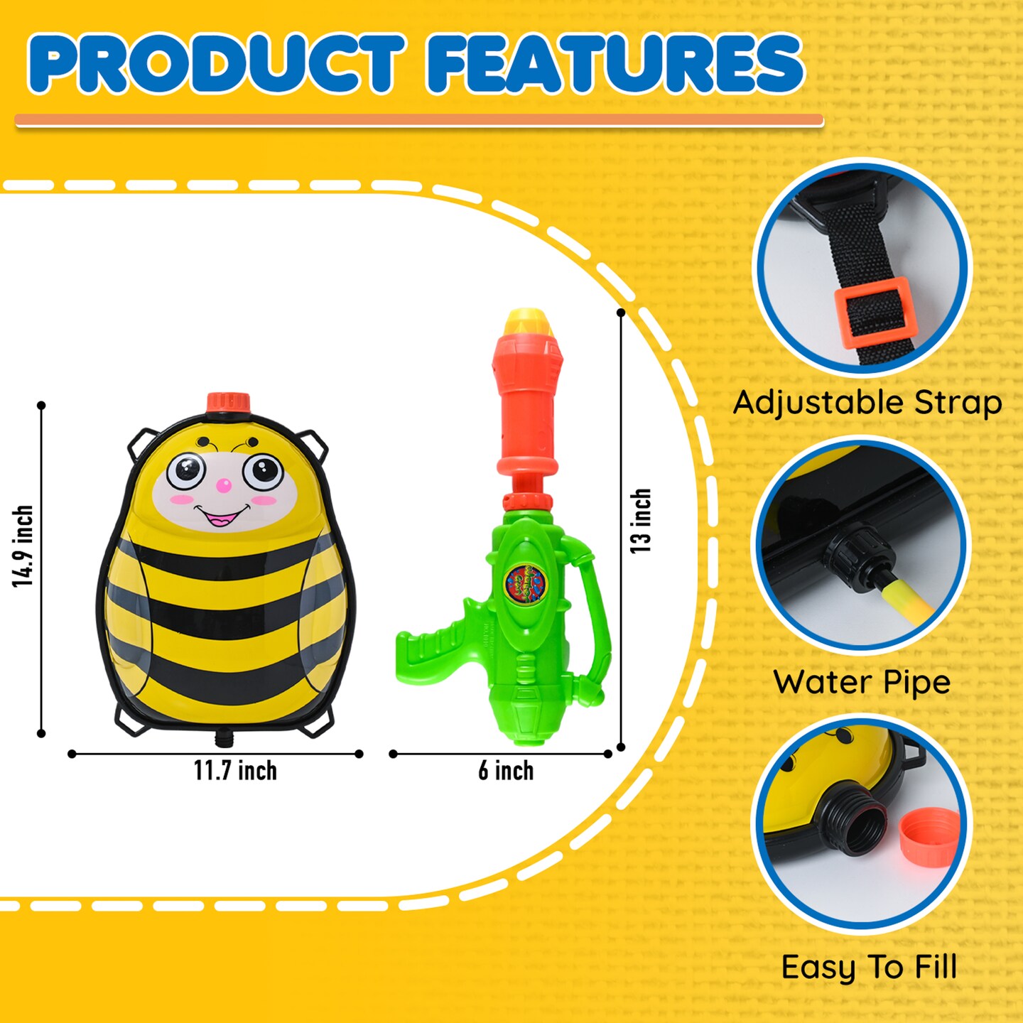 Toyrifik Water Gun Backpack Water Blaster for Kids -Water Shooter with Tank Bumble Bee Toys for Kids- Summer Outdoor Toys for Pool Beach Water Toys for Kids