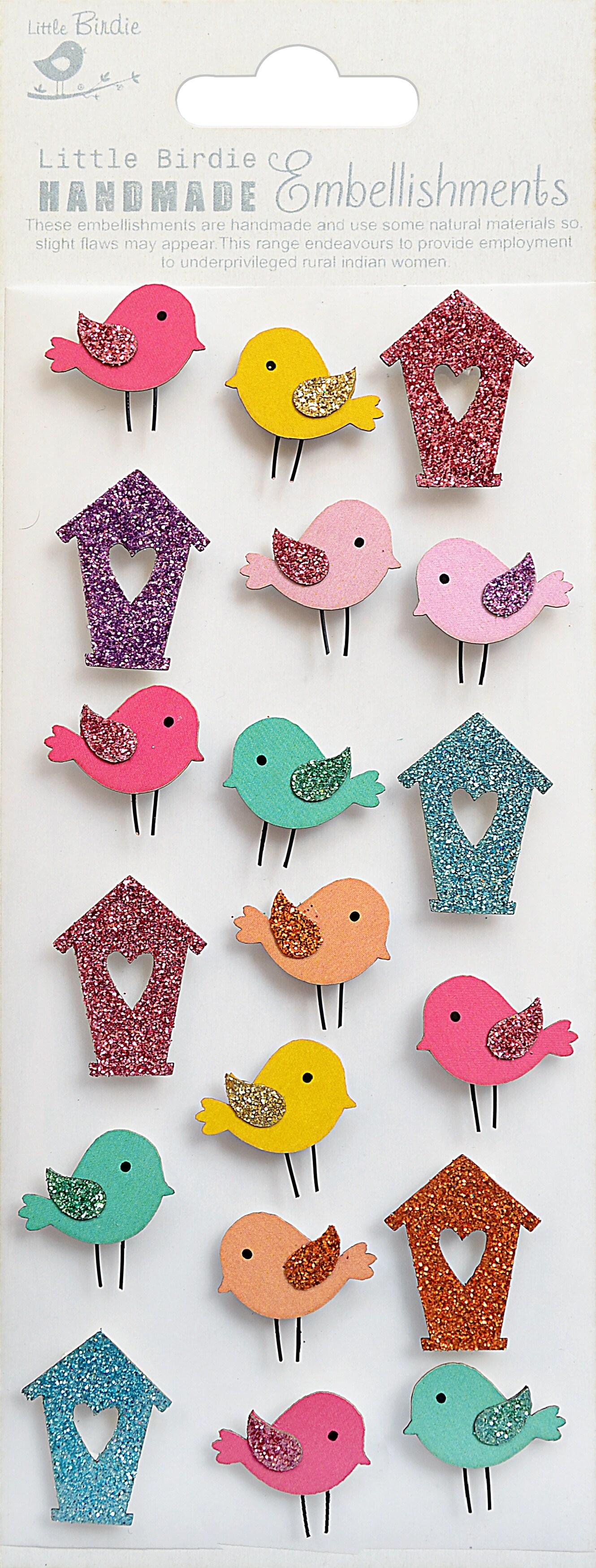 Little Birdie Mini Glitter Embellishments 19/Pkg-Bird &#x26; Birdhouse