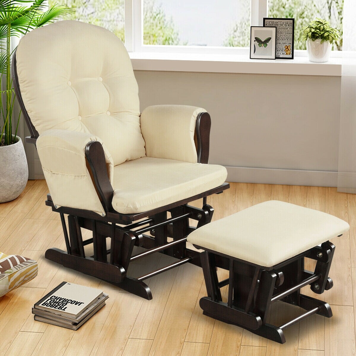Solid Wood Gliding Chair Set with Pockets and Ottoman for Relaxing