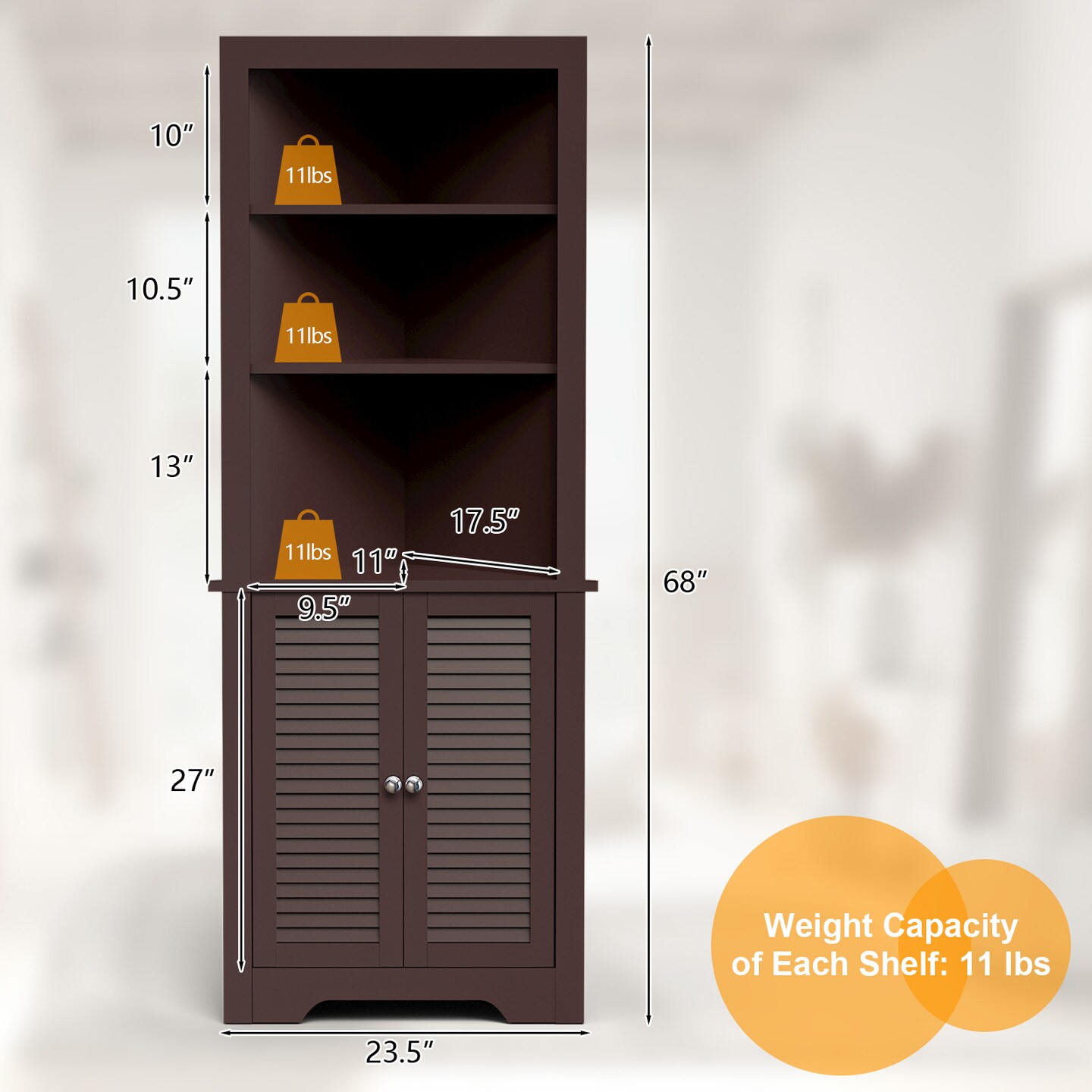 Free Standing Tall Bathroom Corner Storage Cabinet with 3 Shelves