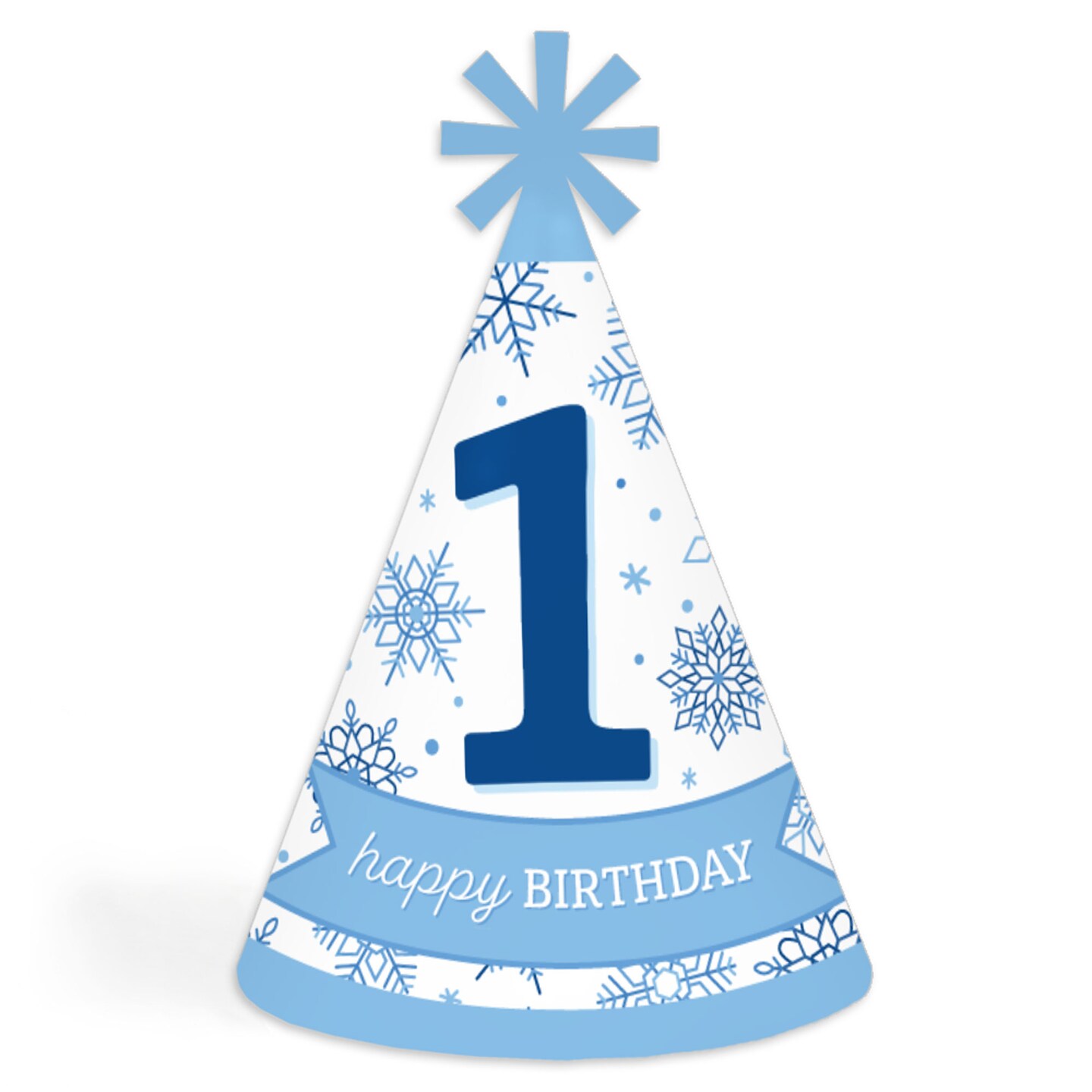 Big Dot of Happiness Blue Snowflakes 1st Birthday - Cone Happy Birthday Party Hats for Kids and Adults - Set of 8 (Standard Size)