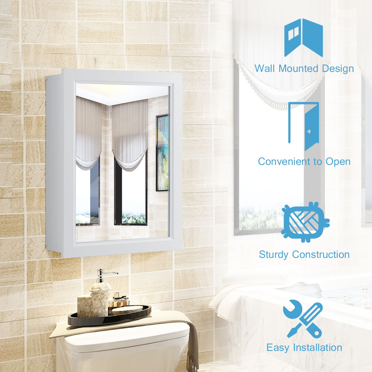 MDF and Glass Wall Mounted Bathroom Cabinet with Mirror and Adjustable Shelves