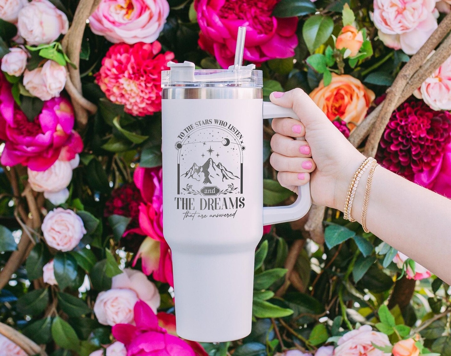 Custom Personalized Floral Roses Stanley 40oz Tumbler Cup Stanley Quencher  H20 With Handle Engraved Tumbler Gifts for Her 