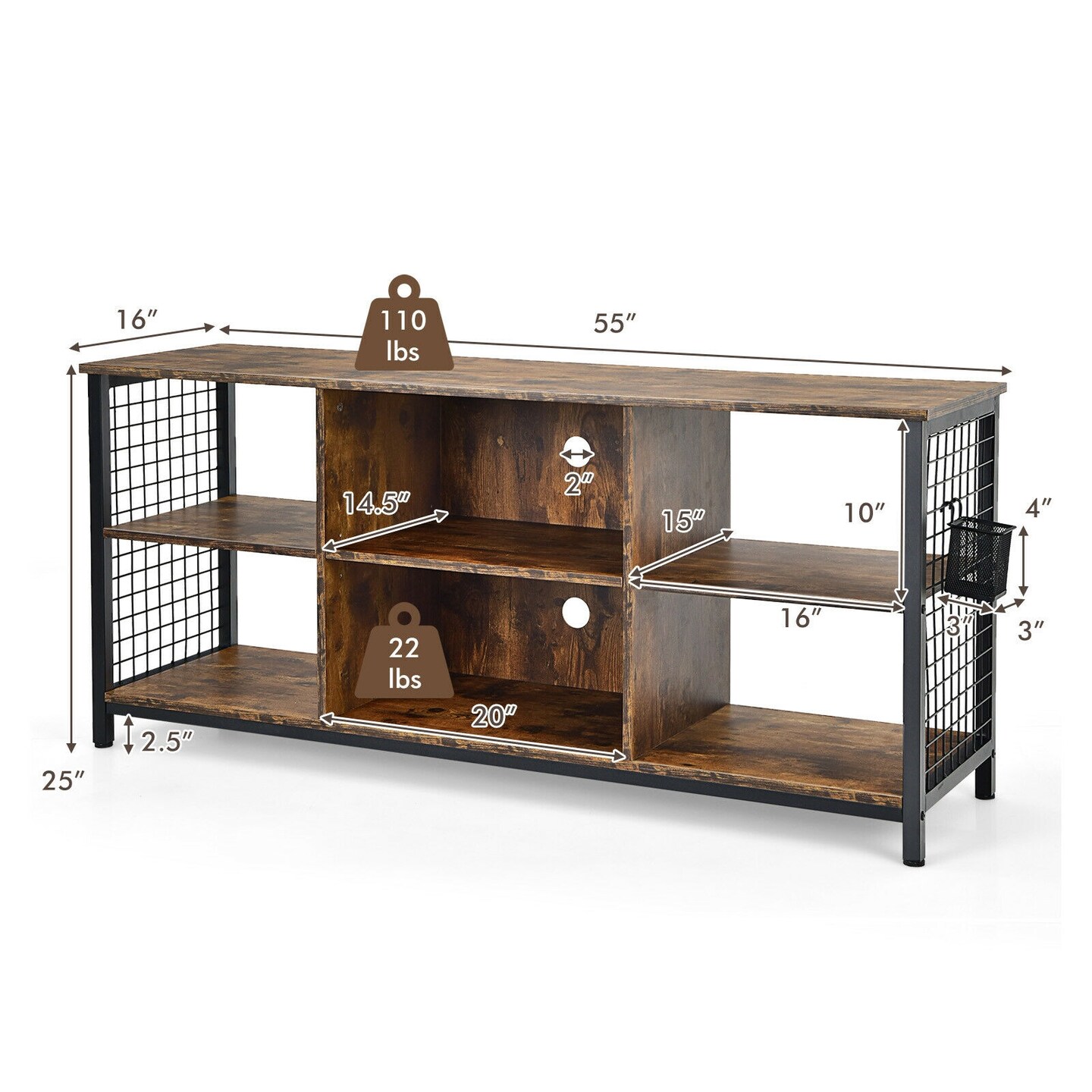 Industrial TV Stand with Storage Basket for TVs up to 65 Inches-Rustic Brown