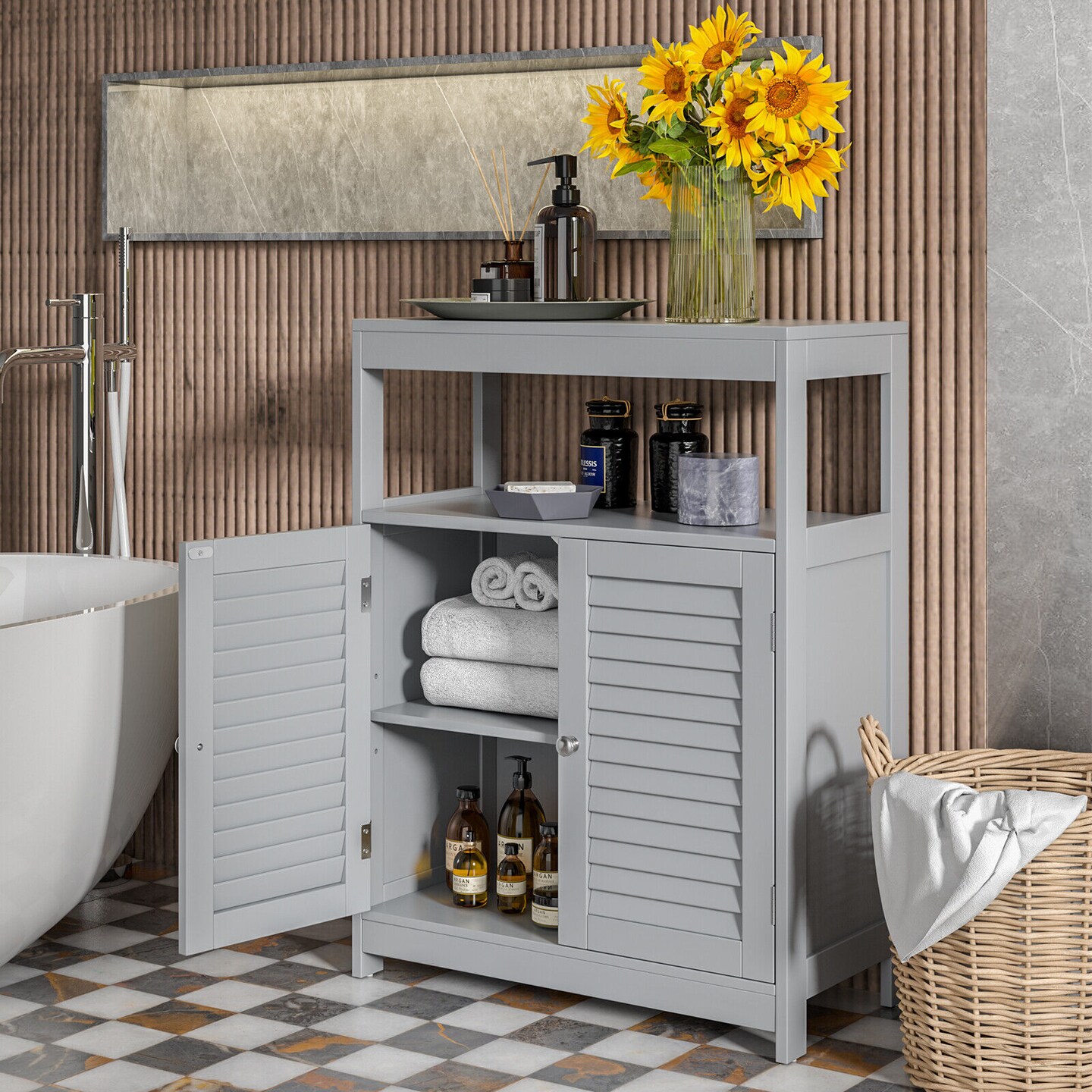 Free Standing Bathroom Floor Cabinet with Double Shutter Doors