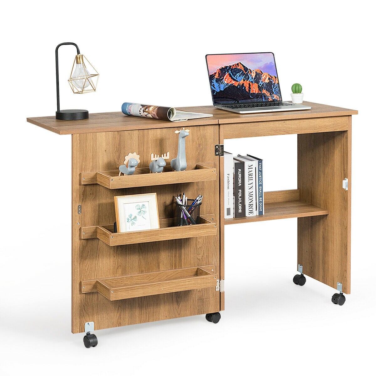 Gymax Folding Sewing Craft Table Shelf Storage Cabinet Home Furniture W/Wheels