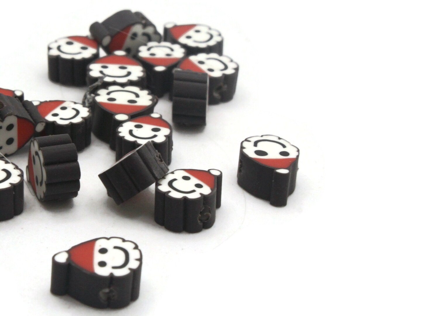 30 Clay Santa Claus with Black Outline Polymer Clay Red and White Christmas Beads