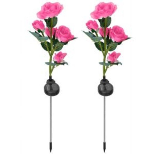 2Pcs Solar Powered Lights Outdoor Rose Flower Led Decorative Lamp Water Resistant Pathway Stake Lights