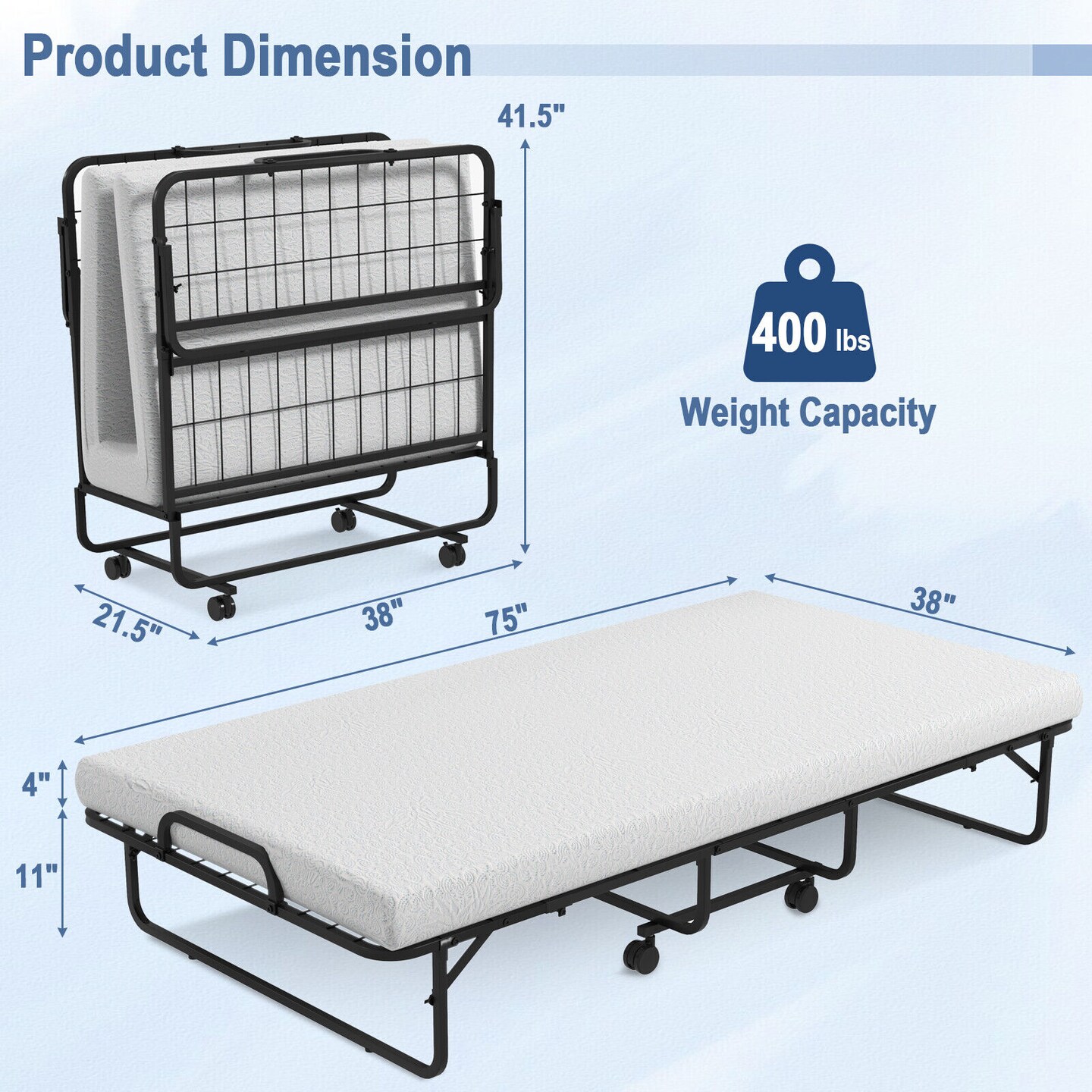 Twin Size Folding Metal Bed with Memory Foam Mattress for Guests