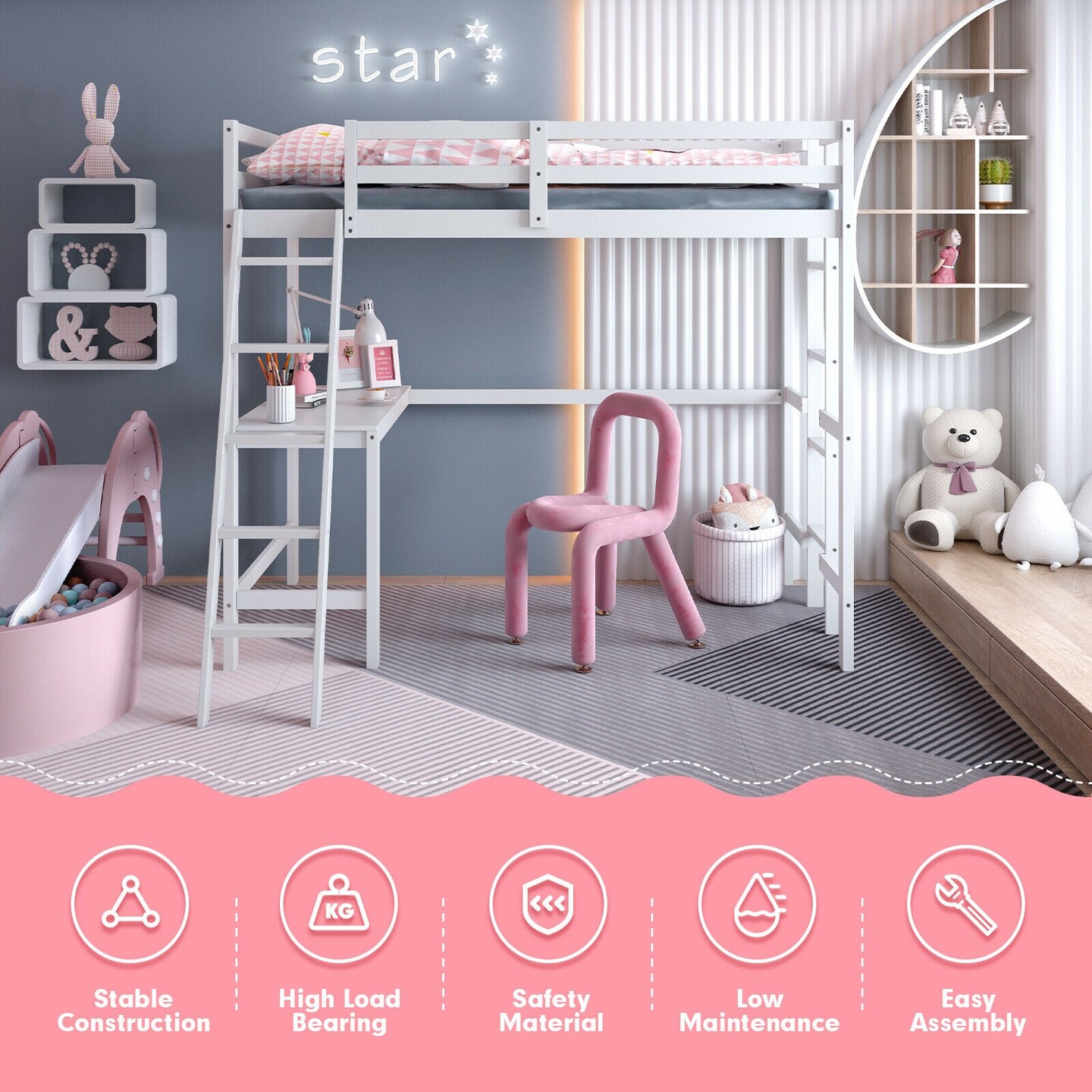 Twin Size Loft Bed Frame with Desk Angled and Built-in Ladder