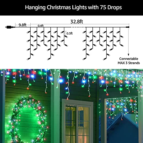 KiflyTooin Led Christmas Lights Outdoor Christmas Decorations Hanging Lights 400LED 8 Modes 75 Drops, Outdoor Indoor Fairy String Lights for Party, Holiday, Wedding Decorations (Red, White, Green)