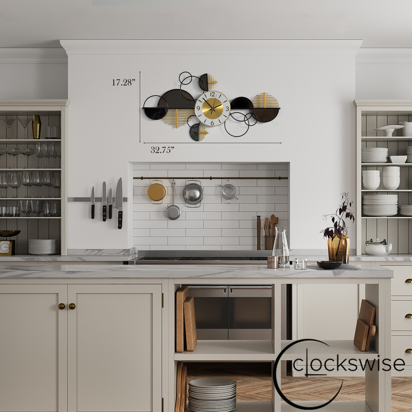 Big half-moon Wall Clock, Decorative Unique Metal 32.75” Oversize Timepiece – Mounted vertical or horizontal–for Traditional, Minimalist, and Modern Use – Hanging Supplies Included, Unique Home Decor