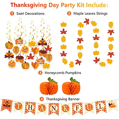 Thanksgiving Decorations 40 PCS, Pre-Assembled Thanksgiving Banner, Hanging Swirls, Fall Leaves Garland and Honeycomb Pumpkins for Thanksgiving Decor, Fall decor, Thanksgiving Decorations for Home