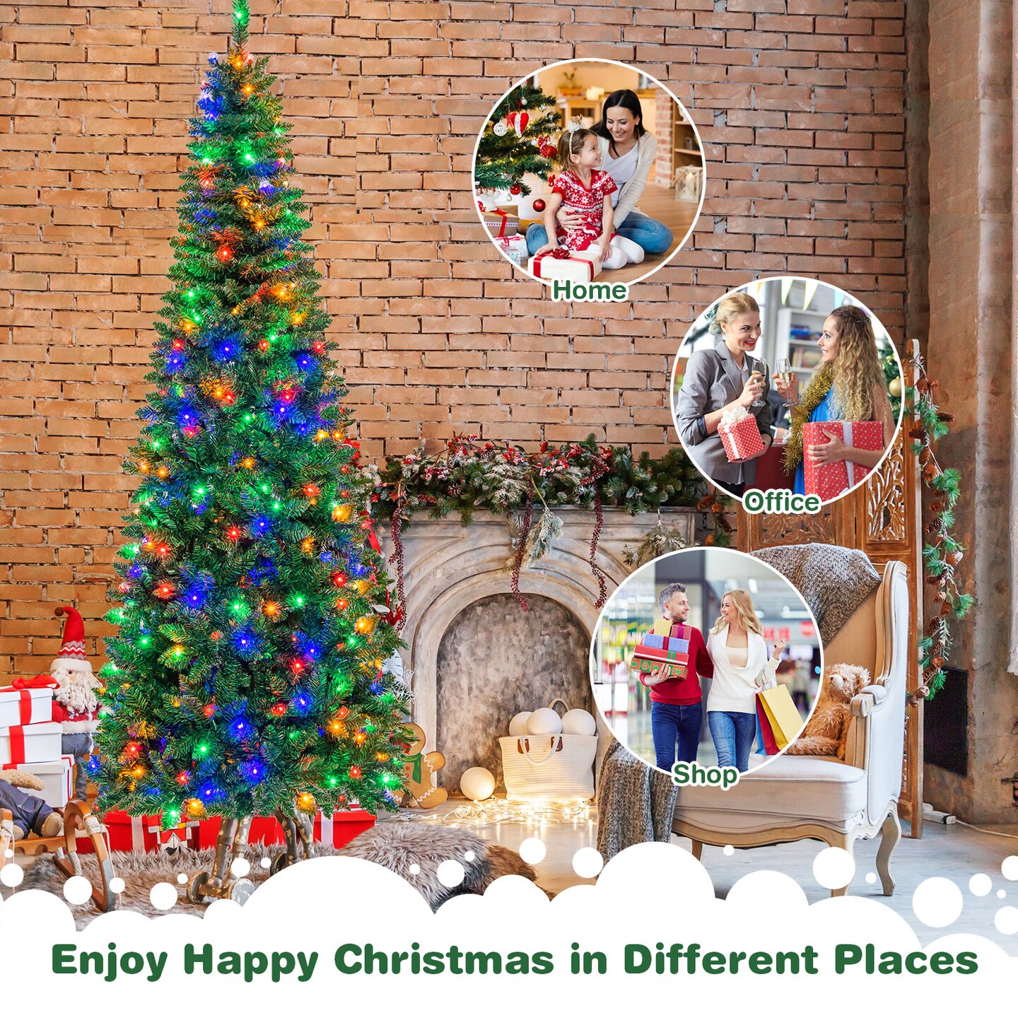 Pre-Lit Premium Hinged Artificial Fir Pencil Christmas Tree with LED Lights