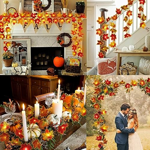 CESOF 2 Pack Fall Decorations Maple Leaf Lights Garland Multicolored, 20Ft 40LED Battery Operated Fall Leaves Garland with Light String Autumn Harvest Wedding Indoor Home Thanksgiving Decor