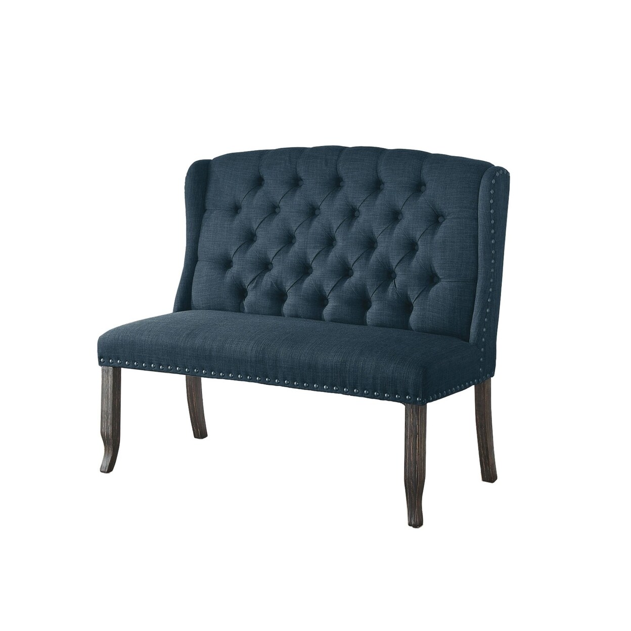 Saltoro Sherpi 48 Inch Classic Loveseat Bench, 2 Seater, Linen, Tufted, Nailhead, Blue-