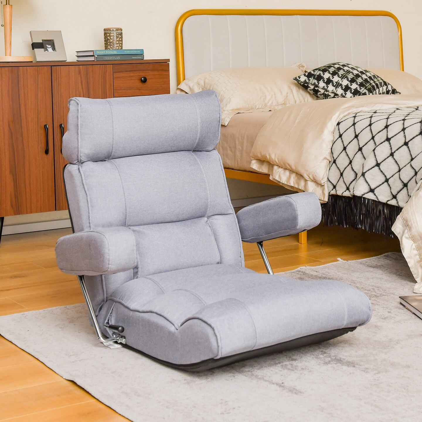 Foldable Floor Sofa Chair with 6-Position Adjustable Headrest and Metal Frame