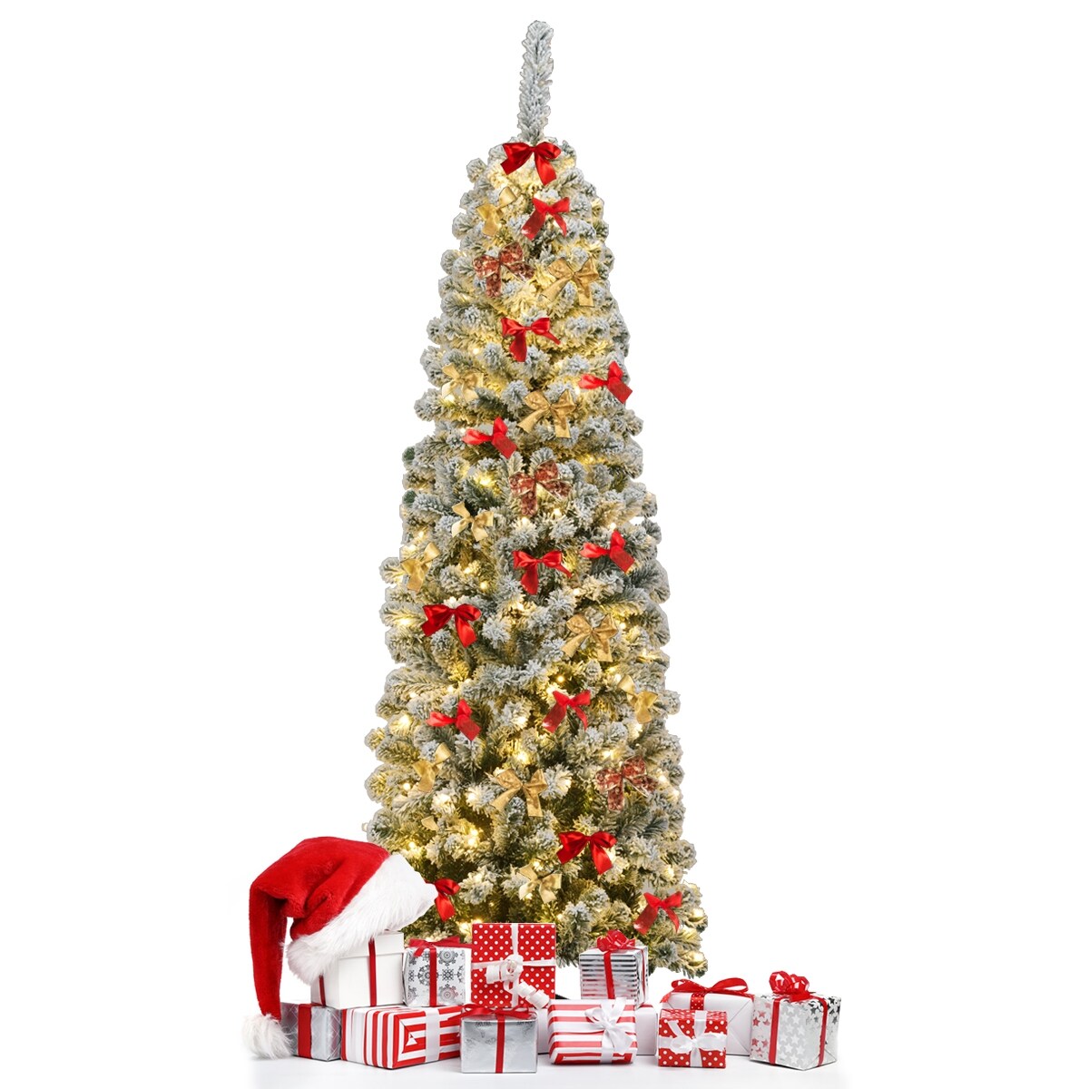 Pre-lit Snow Flocked Artificial Pencil Christmas Tree with 250 LED Lights
