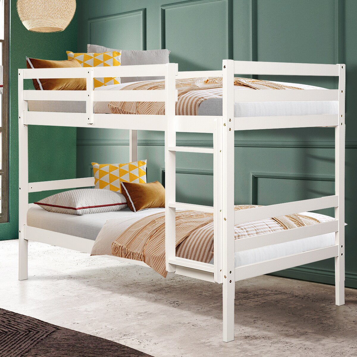 Children&#x27;s Wooden Slat Design Twin Bunk Bed with Headboard and Footboard