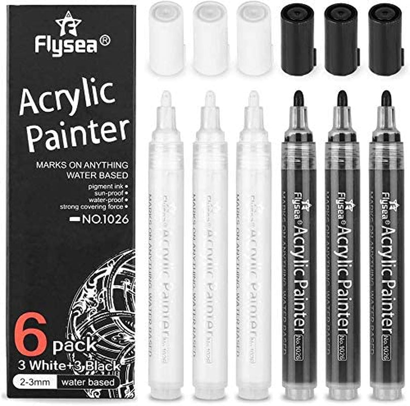 NAWOD Paint Pens White Black Acrylic Marker 6 Pack, Acrylic Permanent  Marker, White Paint Pens for Rock Ceramic Wooden Leather Glass Painting  Metal Tire, 0.7Mm Extra Fine Point Quick Drying