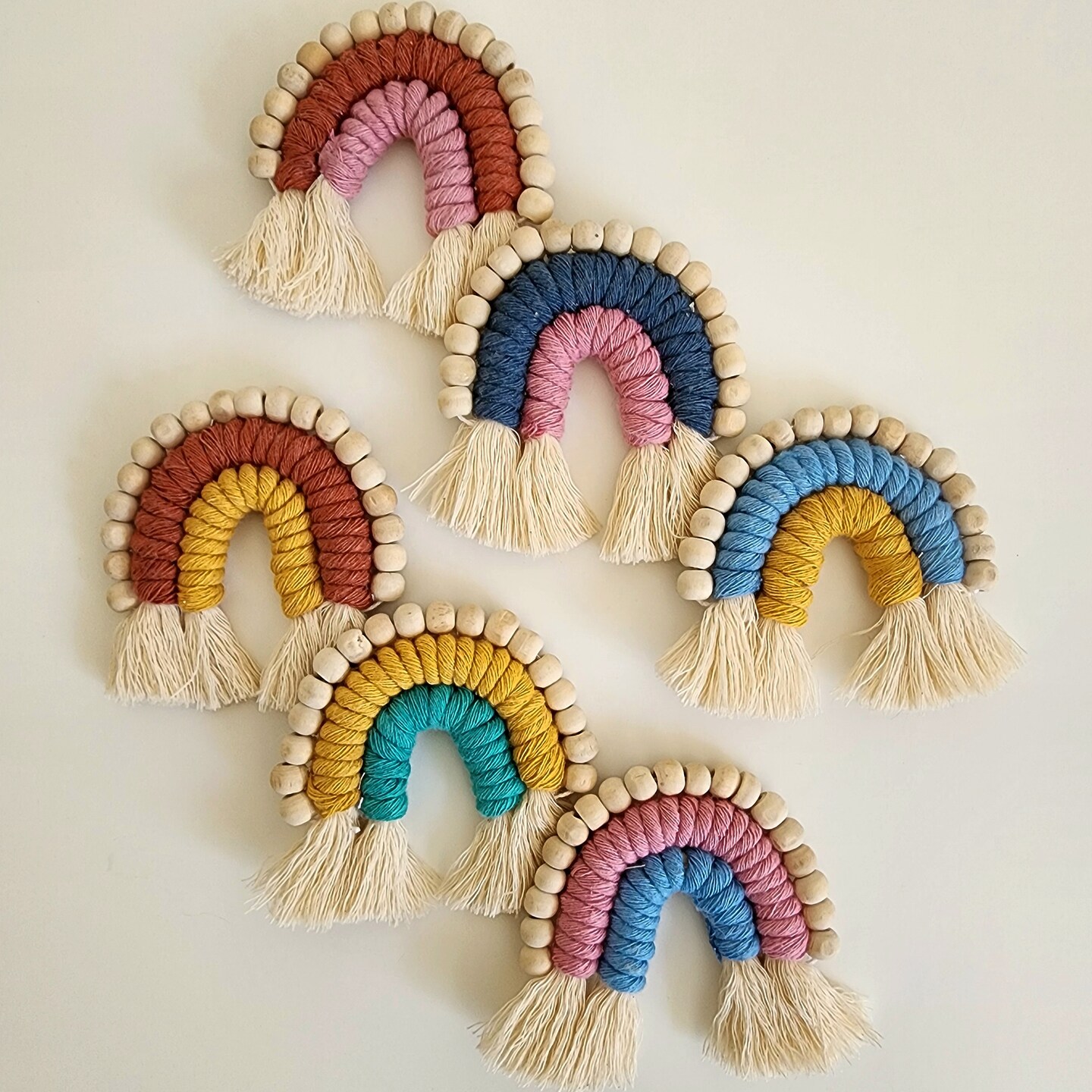 Macrame Rainbow Fridge Magnets with wooden beads for Essential Oil