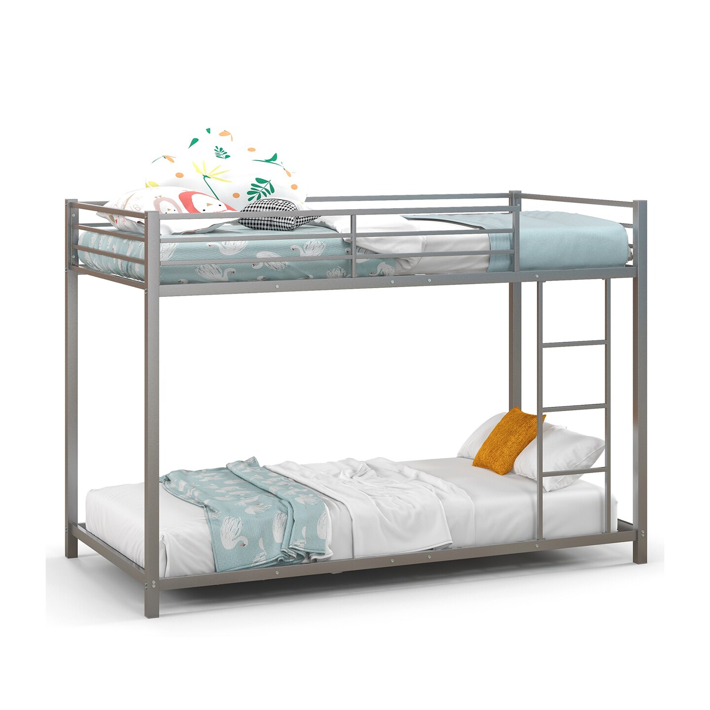 Twin Over Twin Metal Bunk Bed, Low Profile, Safe, No Box-Spring