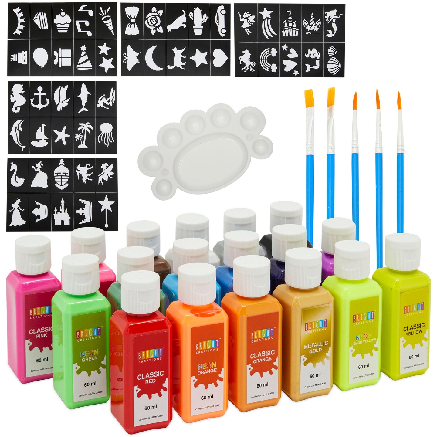 Permanent Fabric Paint Set for Clothes, 18 Colors, 5 Brushes, Palette, Stencils for T-Shirt Canvas (Classic/ Metallic/ Neon)