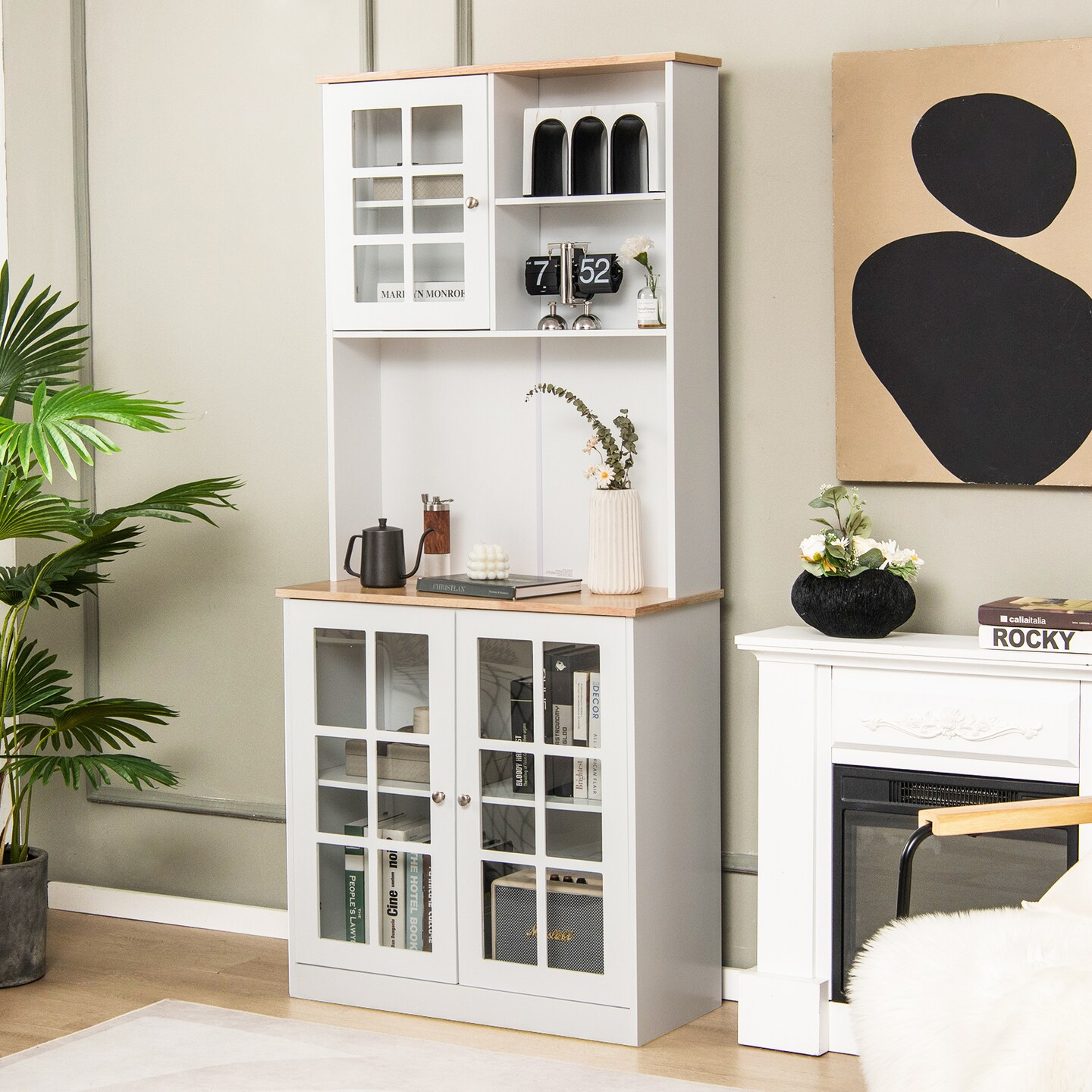 Freestanding Pantry Cabinet with Hutch and Adjustable Shelf