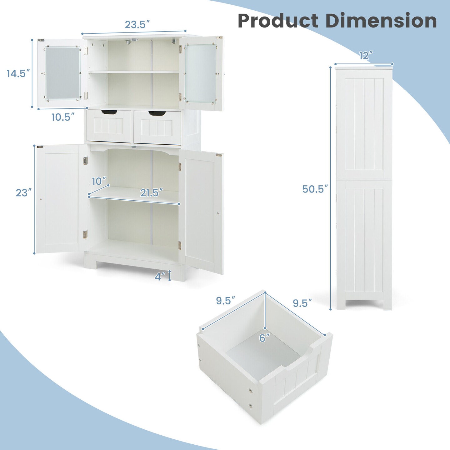 3 Tier Freer-Standing Bathroom Cabinet with 2 Drawers and Glass Doors