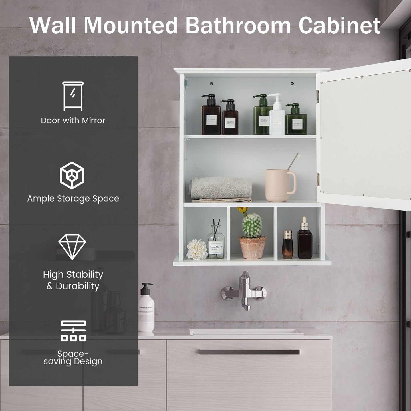 Wall Mounted Bathroom Cabinet with Mirrored Magnetic Door Holder
