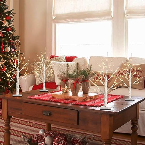Christmas Tree, Christmas Table Decorations, 2FT Birch Tree with LED Lights, Warm White Tree Lamp, Fairy Light Spirit Tree for Xmas Room Inside Mantel Decor, Battery Powered, 6H/18H Timer (4PK)