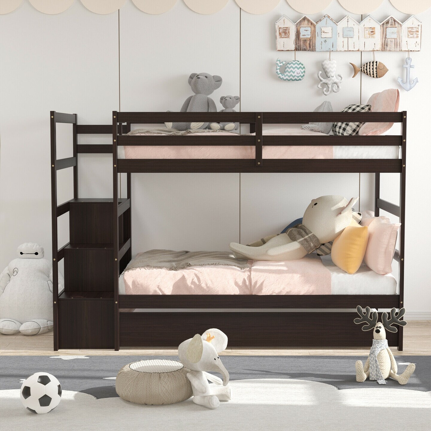 Twin Over Twin Bunk Bed with Storage Shelf and Drawer