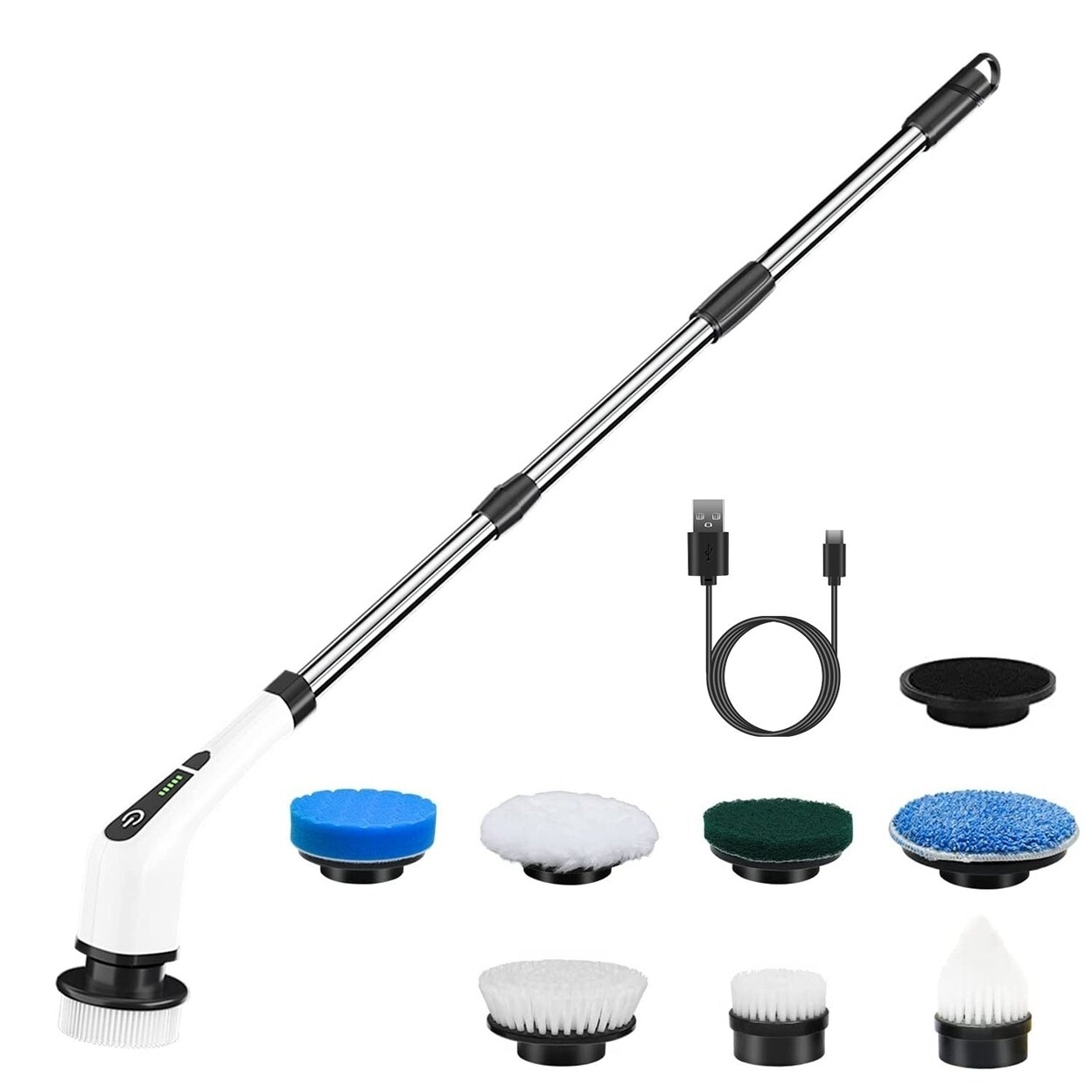 SKUSHOPS Electric Spin Scrubber Cordless Rechargeable Telescopic Cleaning Brush 8 Replaceable Heads 2 Speed Adjustable Extension