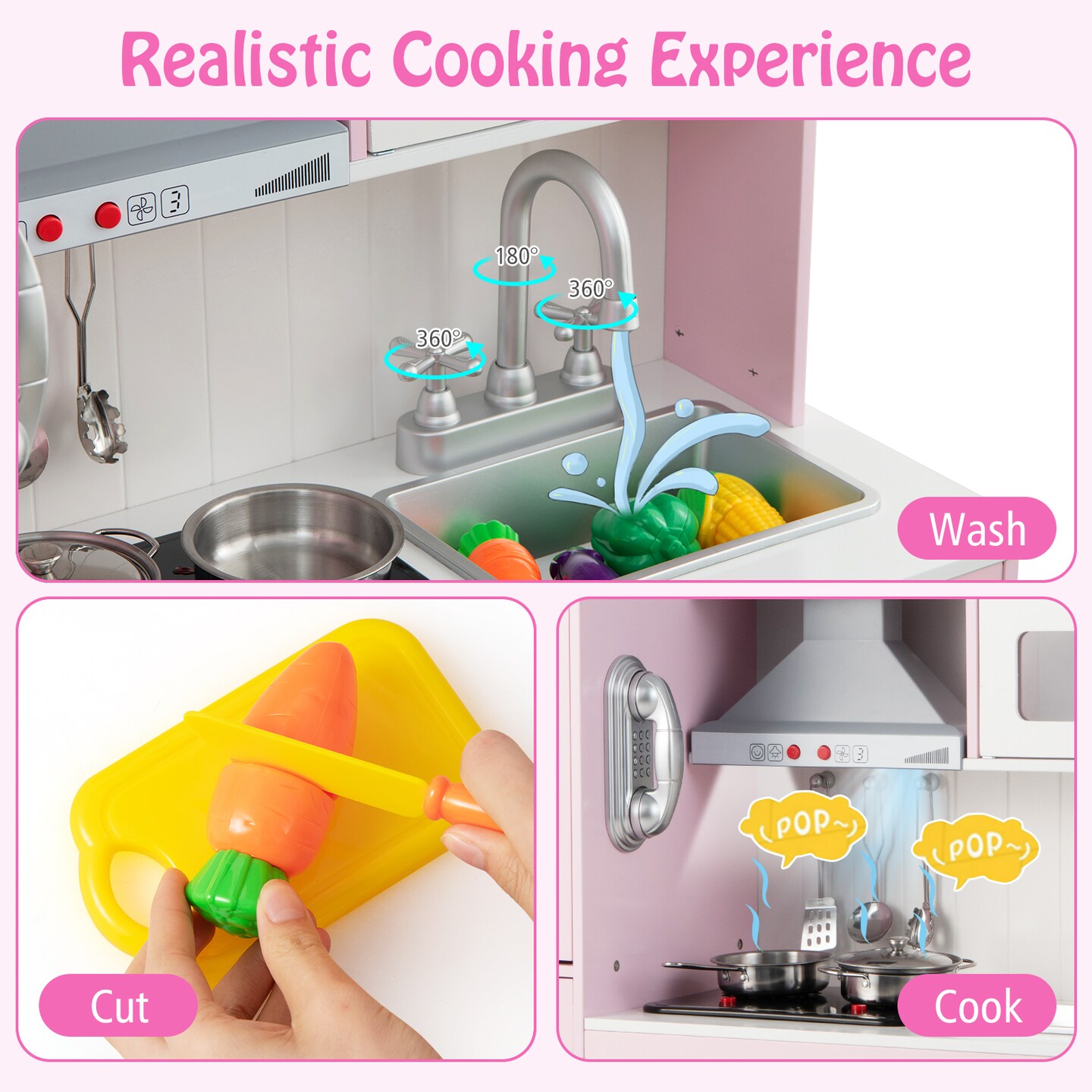 Pretend Play Kitchen for Kids with 16 Pieces Accessories-Pink