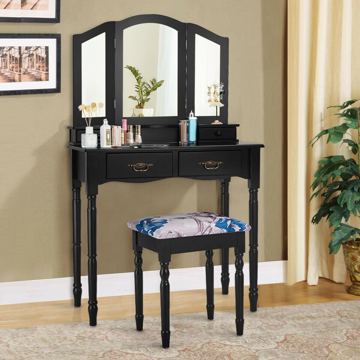 Simple Vanity Set with Tri-Folding Mirror Drawers and Storage Shelf