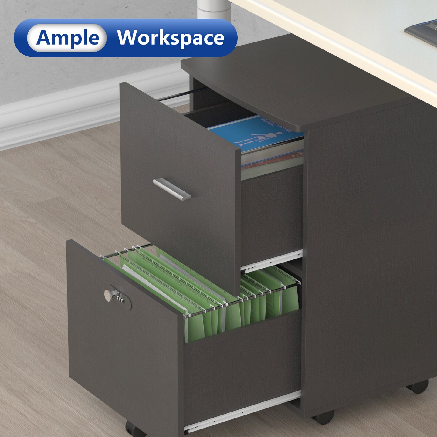 Pulley and Movable File cabinet with two drawers and lock for Hanging File Folders A4 or Letter Size | Small Rolling Printer Stand office storage cabinet