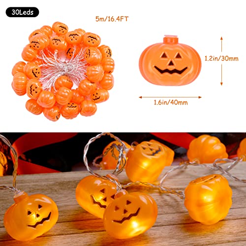 16.4Ft 30LED Pumpkin String Lights Halloween Decorations , Battery Operated 2 Modes Light Halloween Decor Clearance for Home Indoor Outdoor Halloween Thanksgiving Festival Costumes Party Decorations