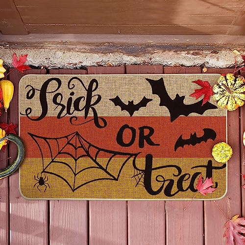Artoid Mode Trick or Treat Decorative Doormat, Seasonal Fall Halloween Bats Spider Web Low-Profile Floor Mat Switch Mat for Indoor Outdoor 17 x 29 Inch