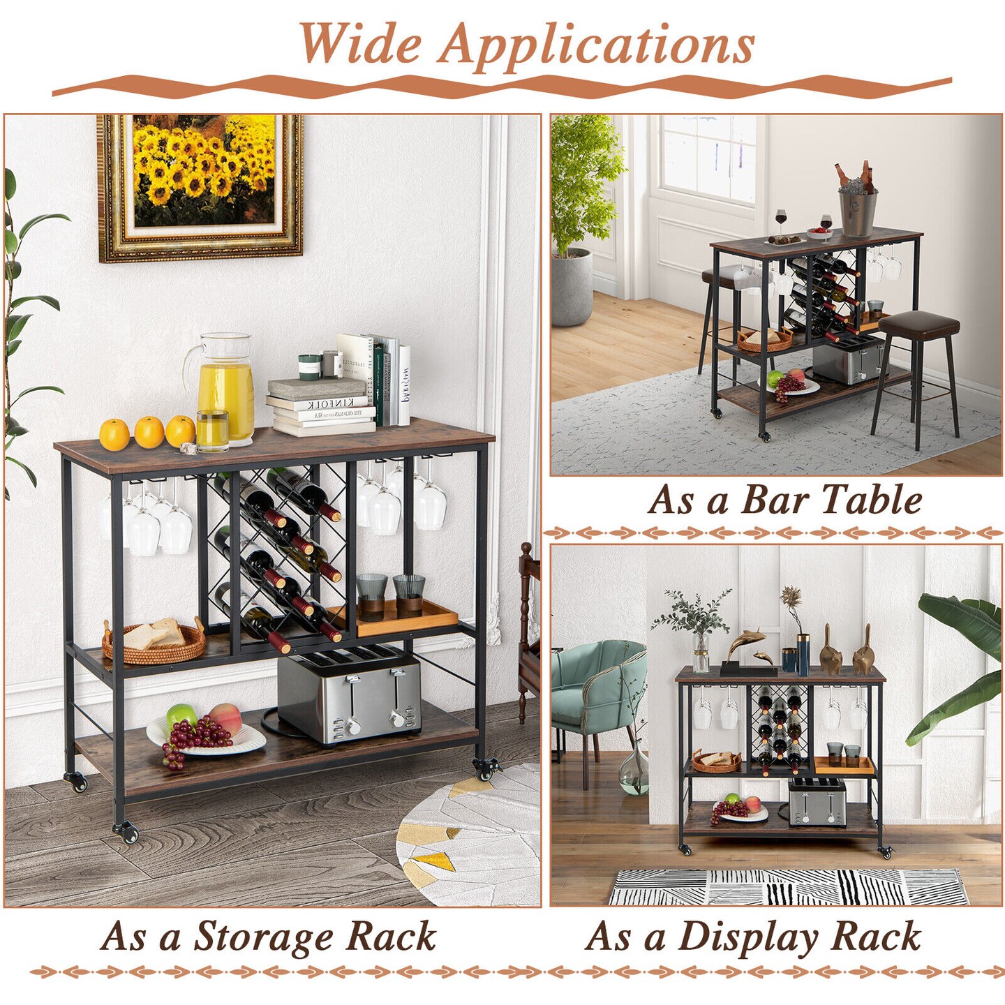 3-Tier Wine Bar Cabinet with 8 Bottle Rack and 12 Glass Holders