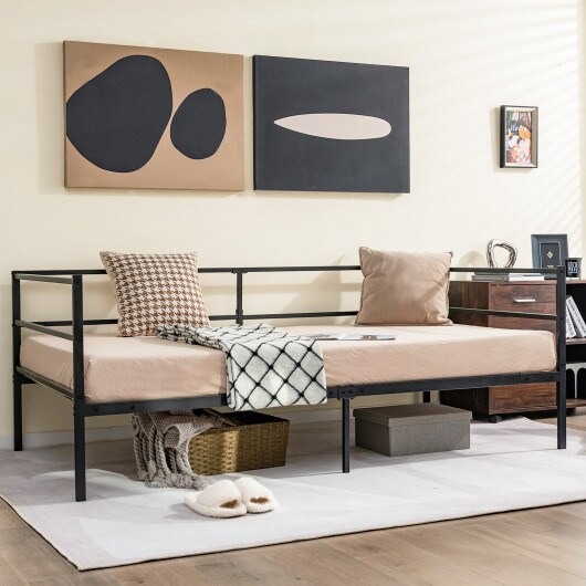 Twin Size Metal Daybed Frame with Metal Slat Support and 3-Sided Guardrails