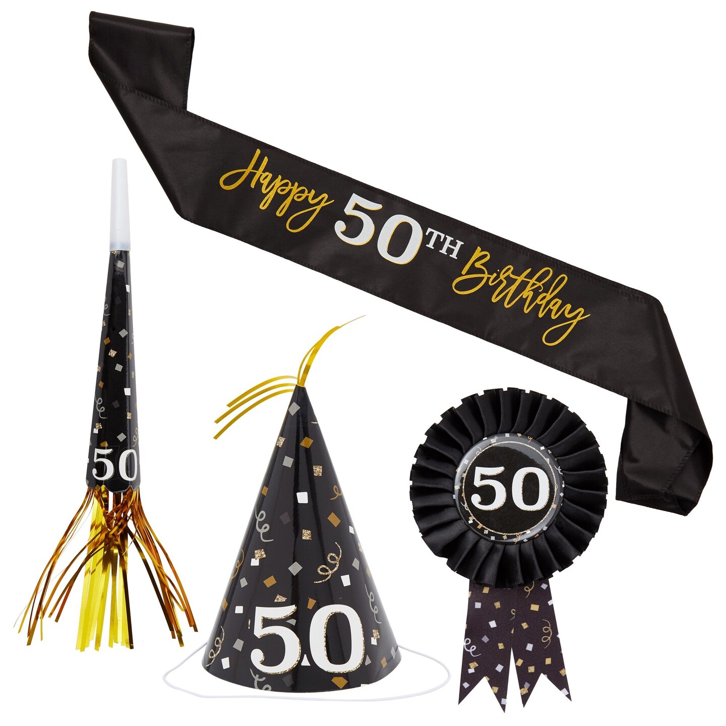 50th Birthday Party Supplies, Button Pin, Sash, Hat, Blower (Black, Gold, 4 Pieces)