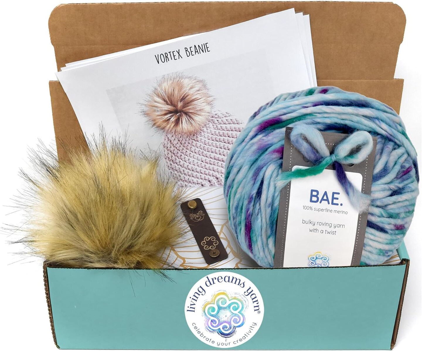 DIY Winter Hat Crochet Kit. Includes Bulky Superfine Merino Wool Yarn, Printed Pattern, Pom-Pom, Rim Tag. Soft, Cozy, Great for Gifts
