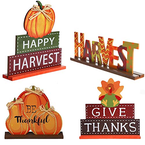 4 Pack Thanksgiving Themed Table Centerpiece Signs, Wood Pumpkin Table Decor Harvest Autumn Glittery Pumpkins Table Topper for Home Office Thanksgiving Decorations