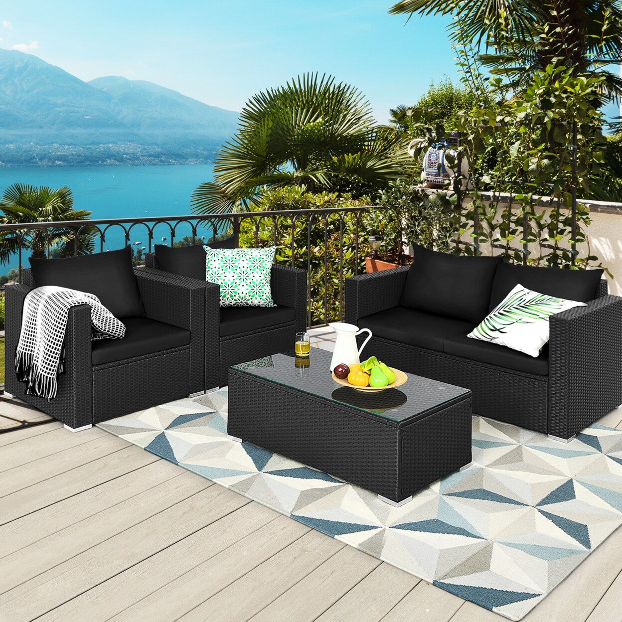 4Pcs Rattan Patio Conversation Set Outdoor Furniture Set W/ Black Cushions
