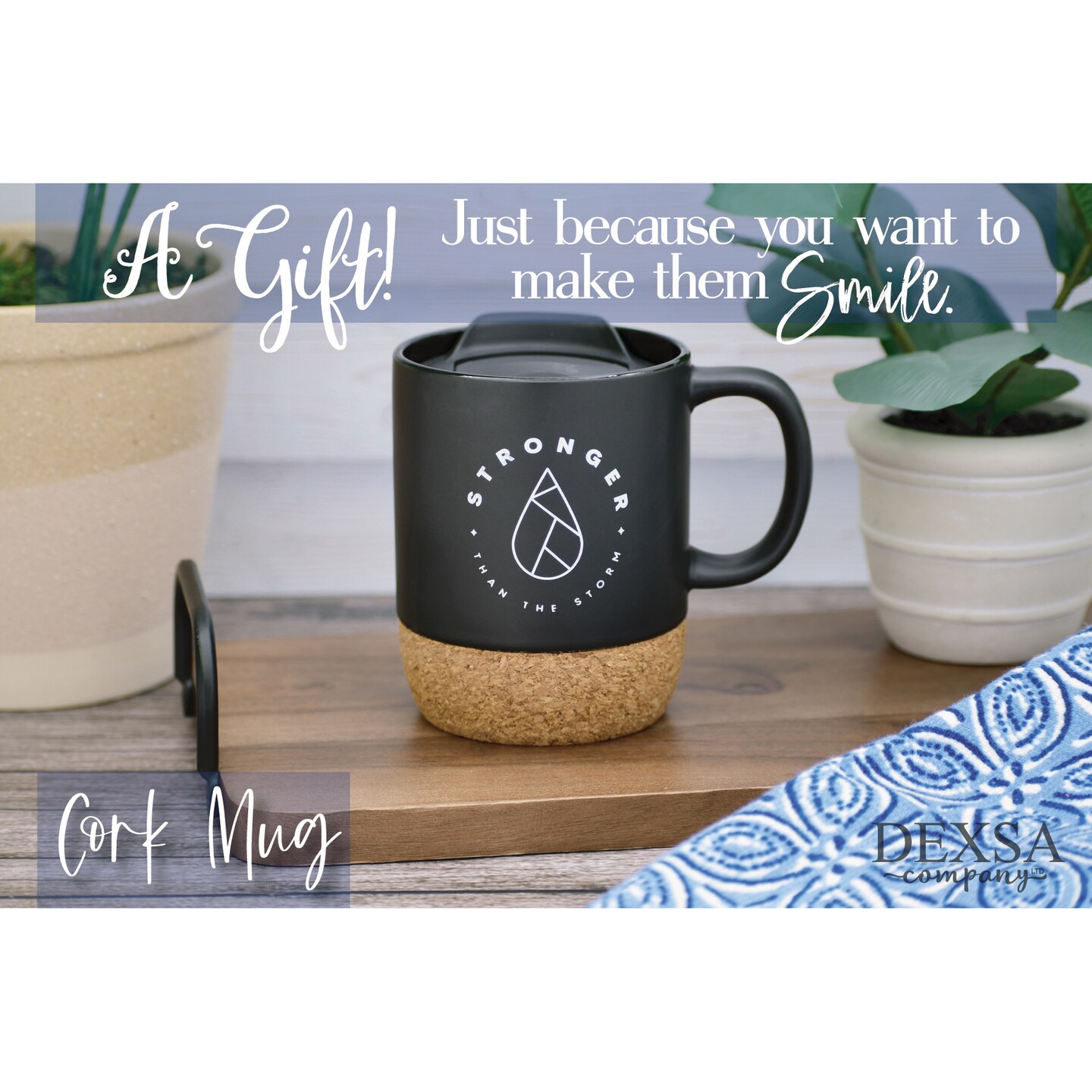Dexsa Stronger Than The Storm Designer Cork Bottom Mug with Lid - 14 oz