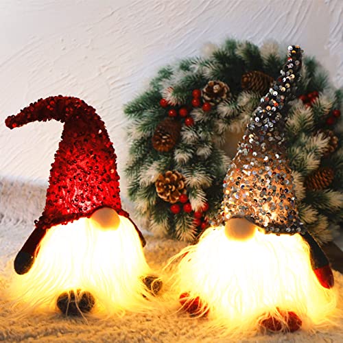 Juegoal 12&#x22; Lighted Christmas Gnome, Handmade Sequins Hat Scandinavian Swedish Tomte, Light Up Plush Elf Toy Holiday Present, Battery Operated Winter Tabletop Christmas Decorations, 2 Set