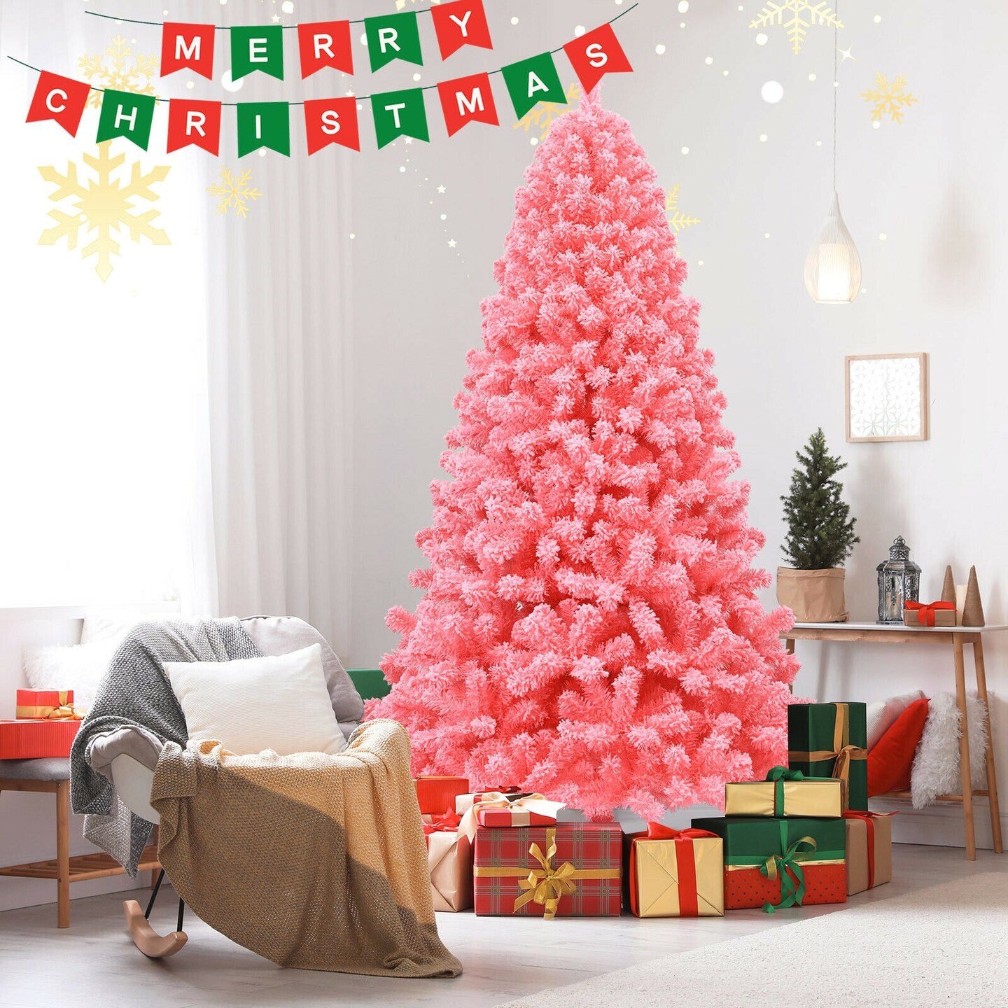 Pink Christmas Tree with Snow Flocked PVC Tips and Metal Stand