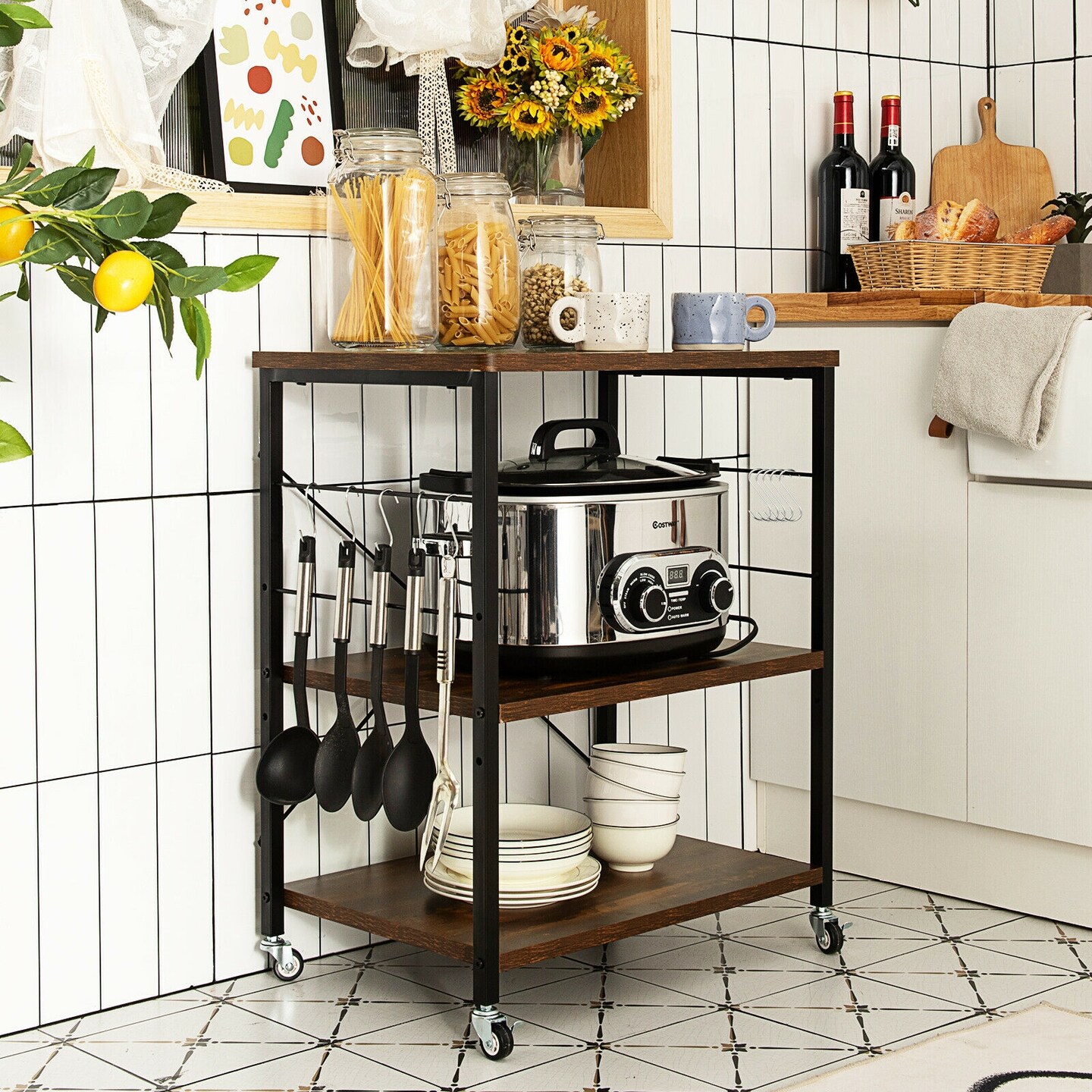 3-Tier Kitchen Baker&#x27;s Rack Microwave Oven Storage Cart with Hooks