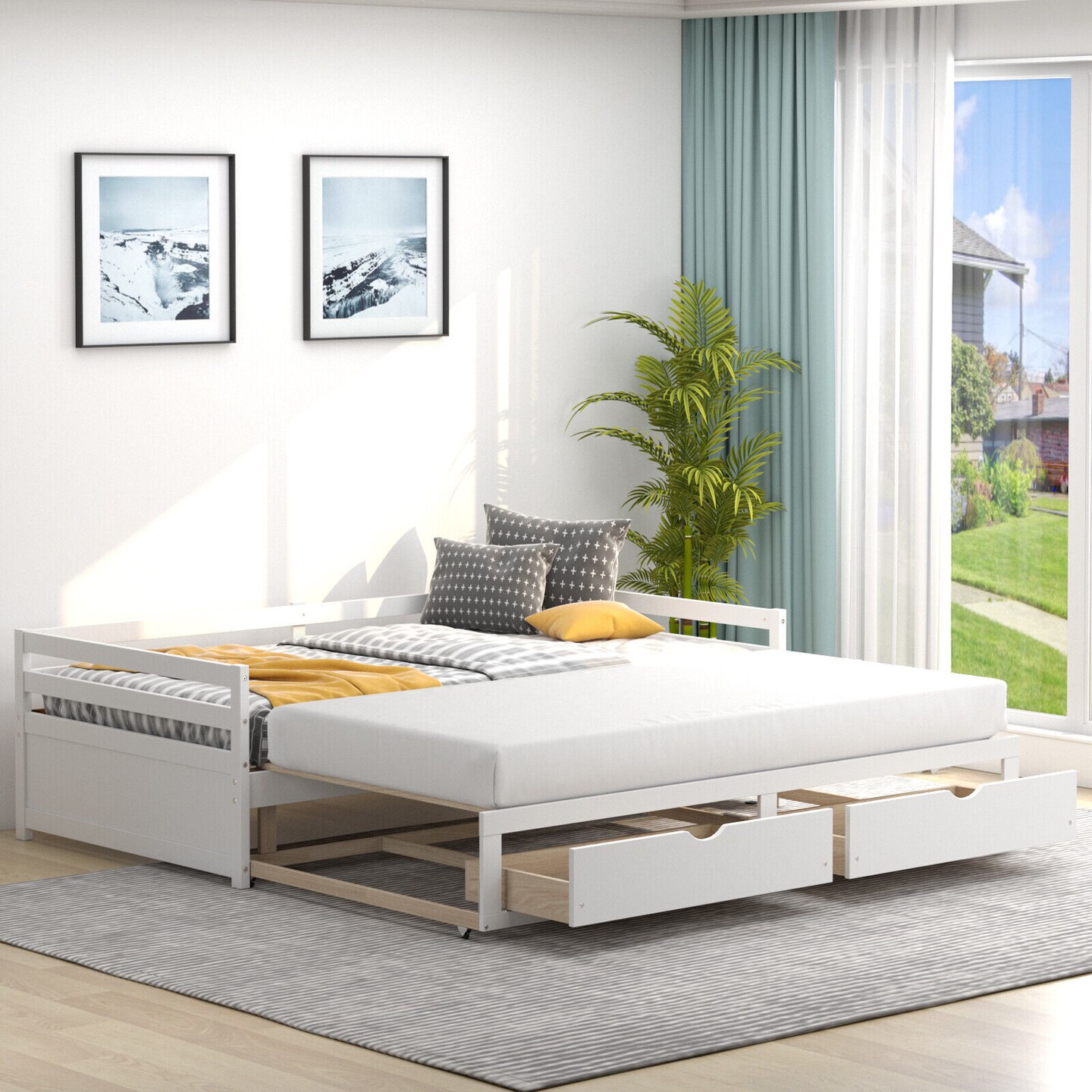 Extendable Twin to King Daybed with Trundle and 2 Storage Drawers-White