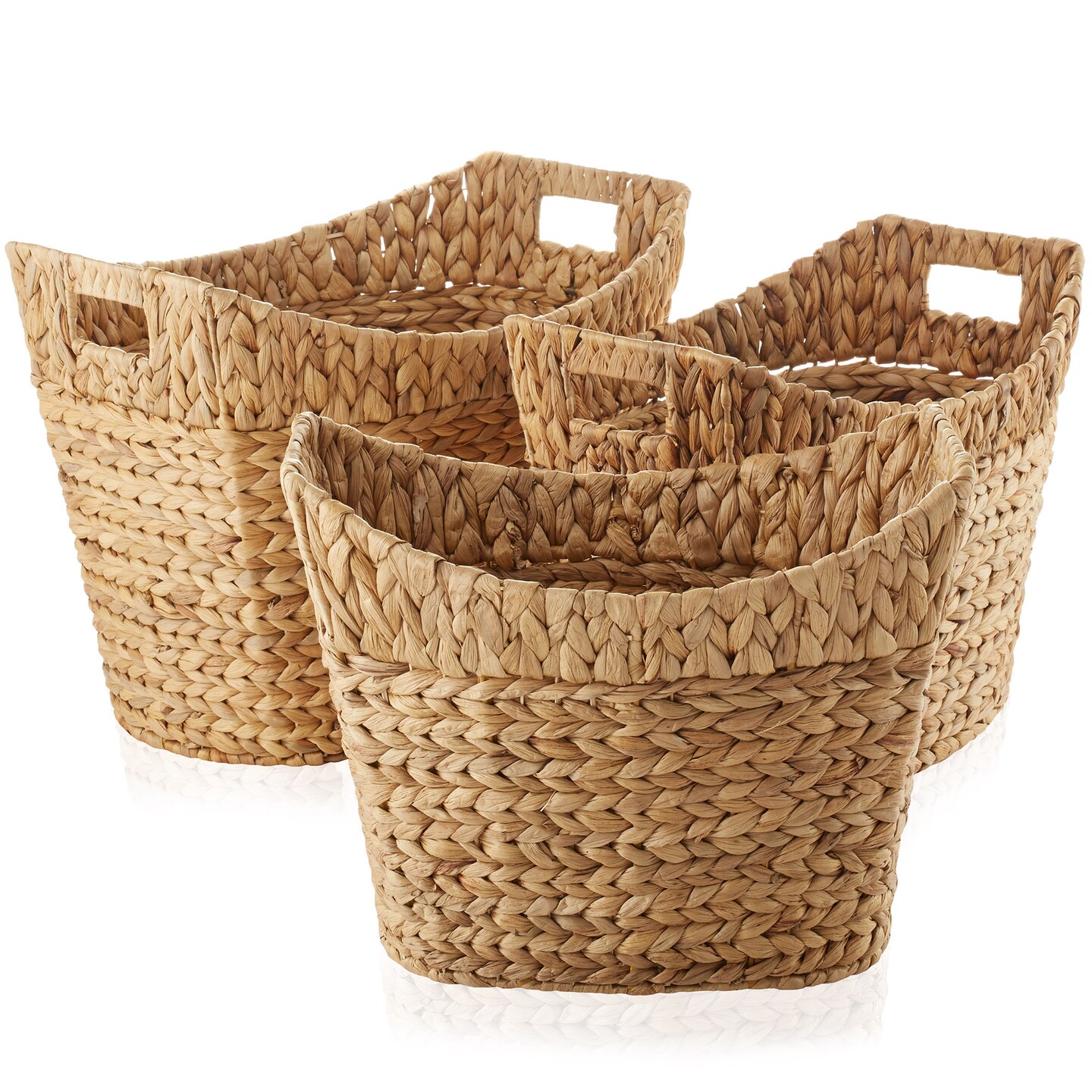 Casafield Set of 3 Stackable Oval Laundry Baskets with Handles - Natural, Woven Water Hyacinth Storage Totes for Throw Blankets, Bathroom, Bedroom, Living Room